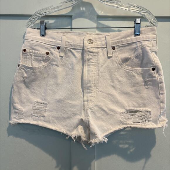 Levis 501 Original Shorts 32 White Denim‎ Distressed Button Fly Frayed Hem Big E - Picture 8 of 16